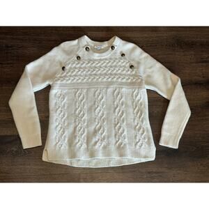 Madewell Womens Merino Wool Blend Cable Knit Sweater SMALL Cream Bronze Buttons